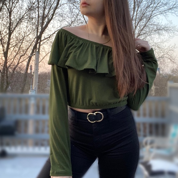 Long Sleeve Olive Off Shoulder Crop Top - Picture 1 of 6